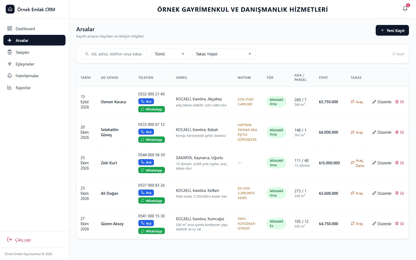 Arsalar: ada/parsel, fiyat, takas türü ve tek dokunuşla arama/WhatsApp